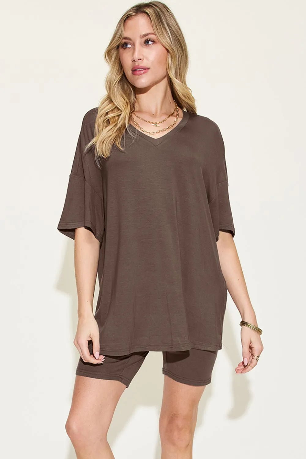 Basic Bae Full Size V - Neck Drop Shoulder T-Shirt and Shorts Set - Blu Lotus Boutique
