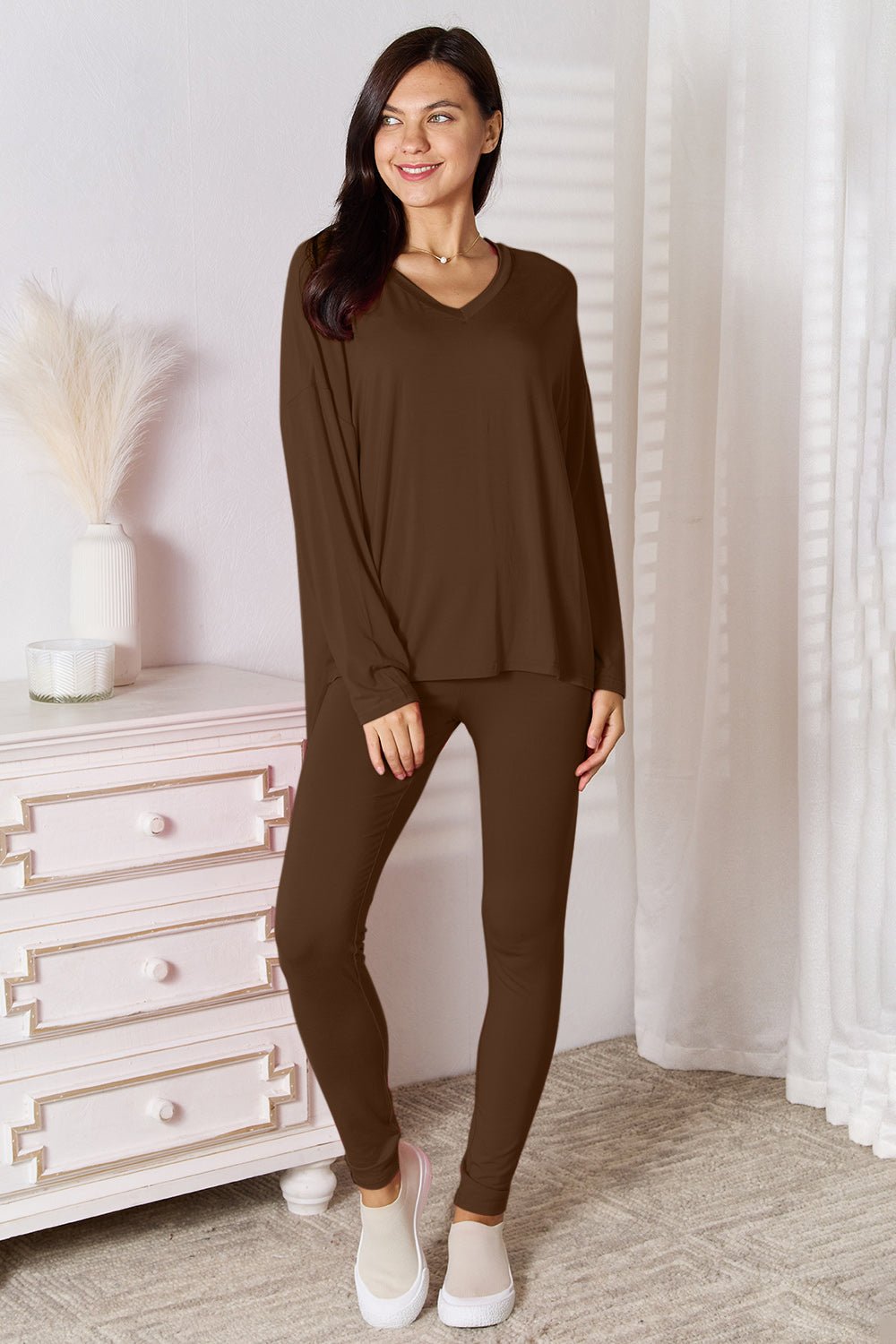 Basic Bae Full Size V - Neck Soft Rayon Long Sleeve Top and Pants Lounge Set - Blu Lotus Boutique
