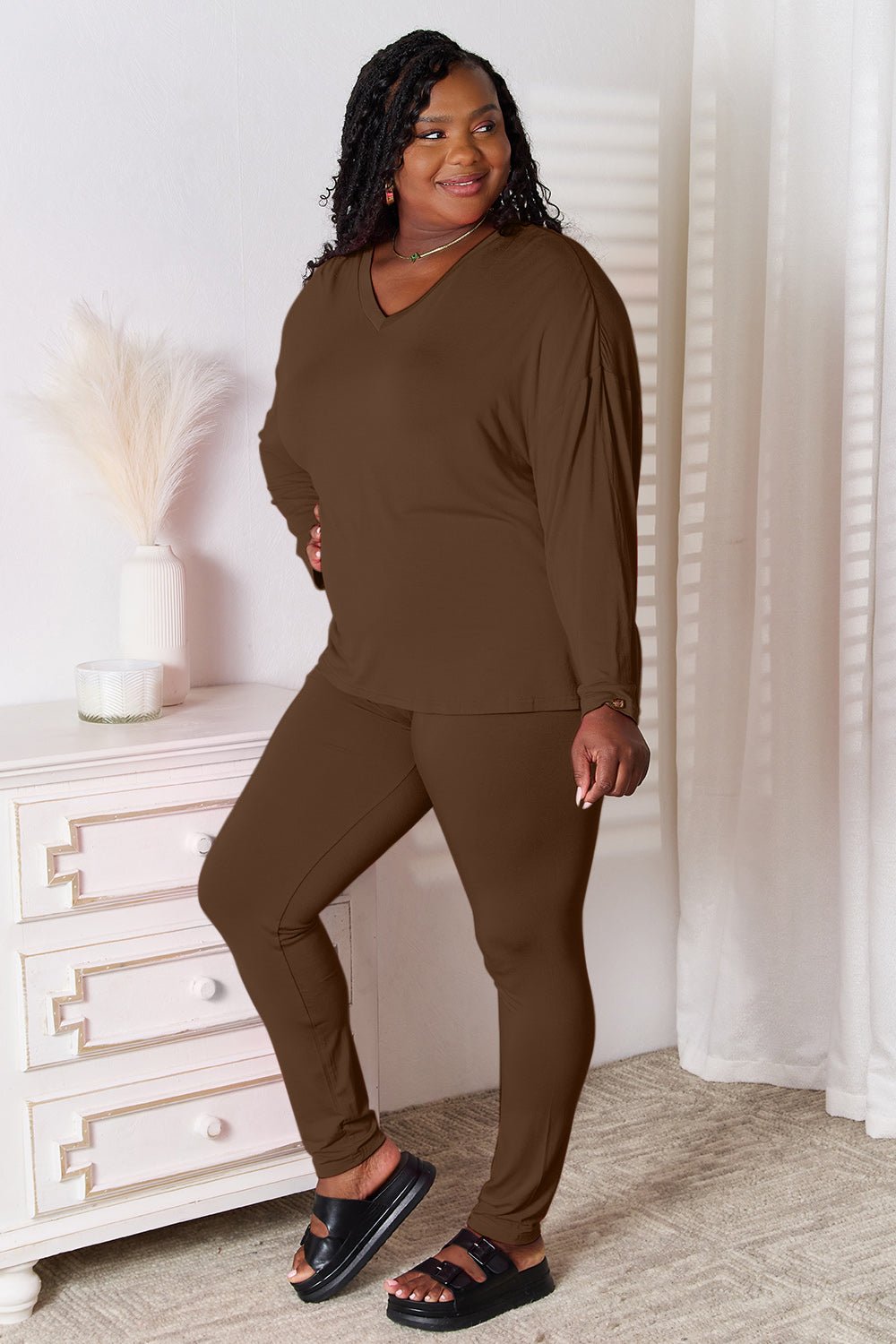 Basic Bae Full Size V - Neck Soft Rayon Long Sleeve Top and Pants Lounge Set - Blu Lotus Boutique