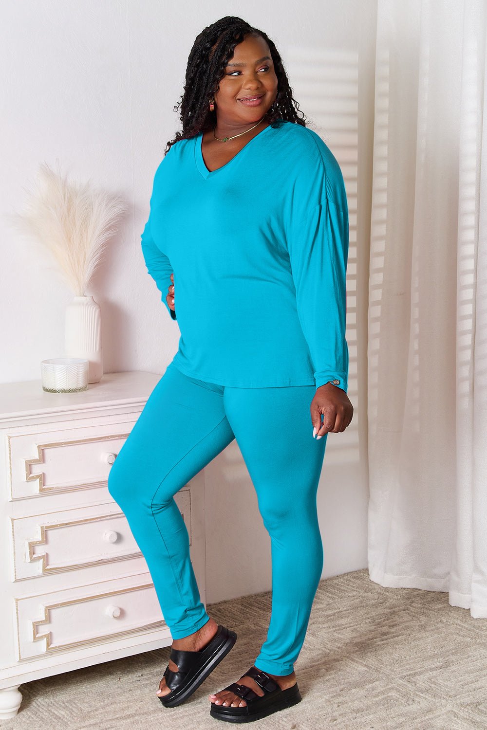 Basic Bae Full Size V - Neck Soft Rayon Long Sleeve Top and Pants Lounge Set - Blu Lotus Boutique