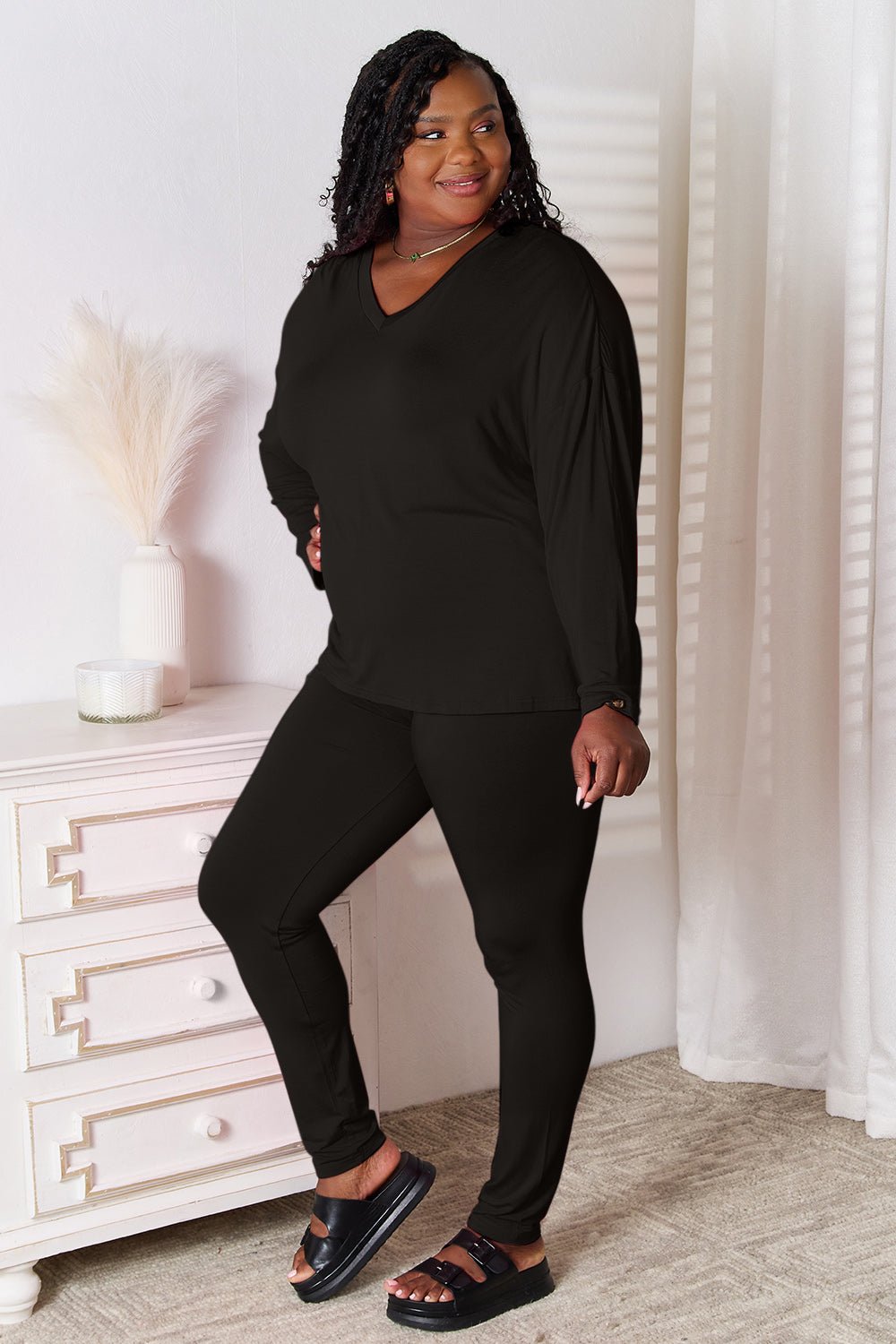 Basic Bae Full Size V - Neck Soft Rayon Long Sleeve Top and Pants Lounge Set - Blu Lotus Boutique