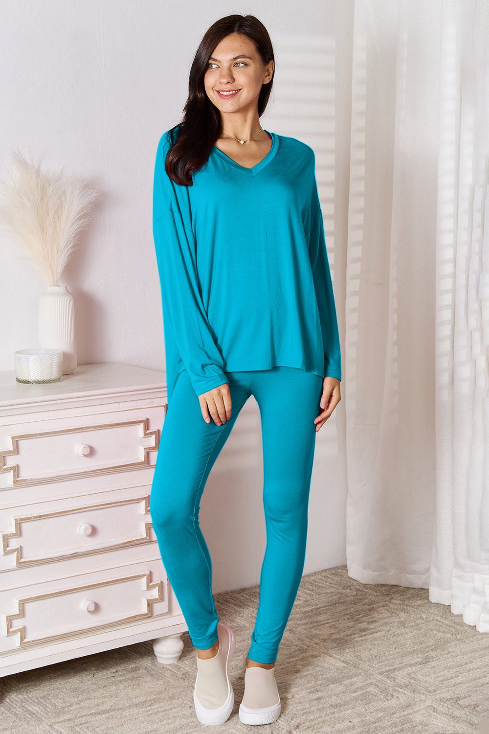 Basic Bae Full Size V - Neck Soft Rayon Long Sleeve Top and Pants Lounge Set - Blu Lotus Boutique
