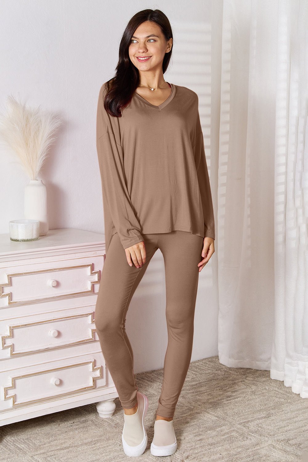 Basic Bae Full Size V - Neck Soft Rayon Long Sleeve Top and Pants Lounge Set - Blu Lotus Boutique