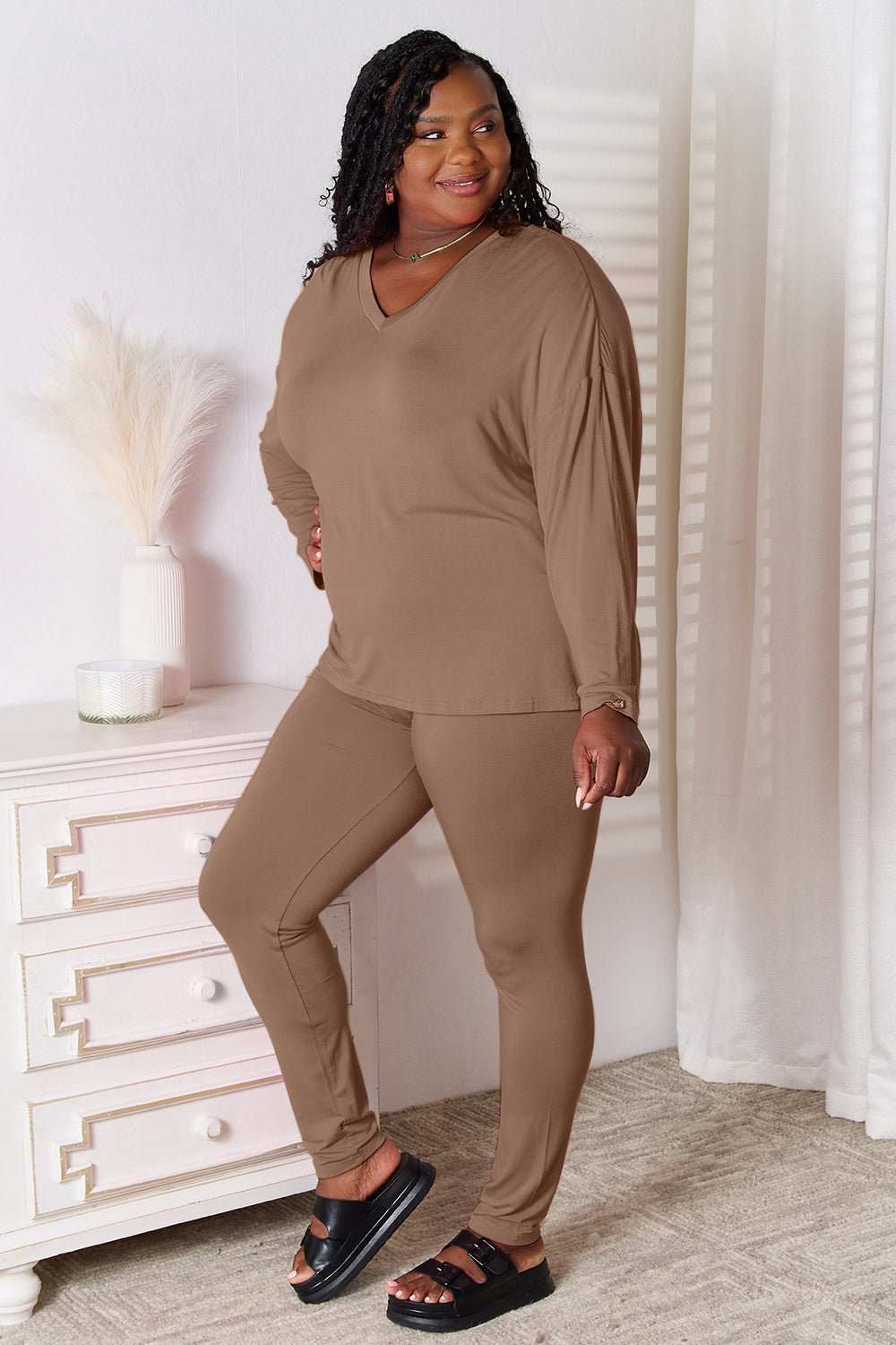 Basic Bae Full Size V - Neck Soft Rayon Long Sleeve Top and Pants Lounge Set - Blu Lotus Boutique