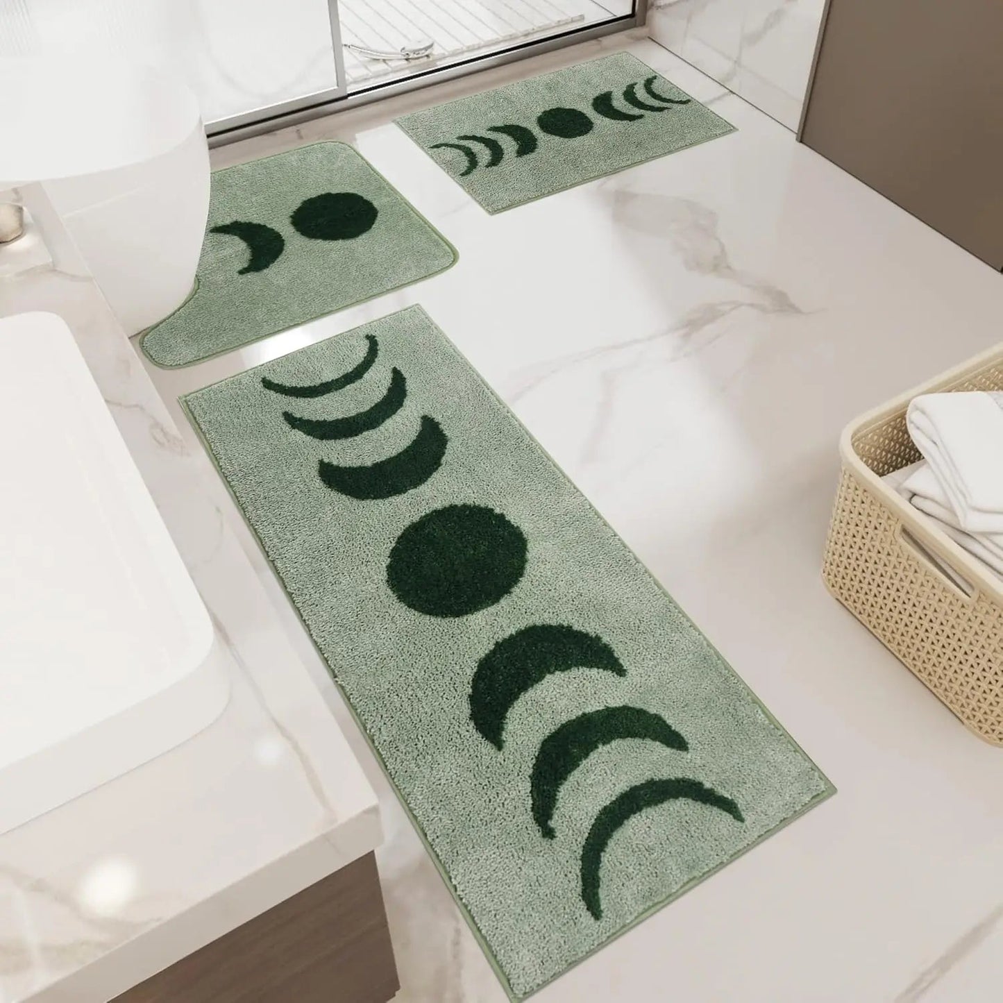 Bathroom Rugs Sets 3 Piece, Non - Slip Absorbent Moon Phases Bath Mats, Microfiber Bath Rug with Toilet Mats U - Shaped - Blu Lotus Boutique