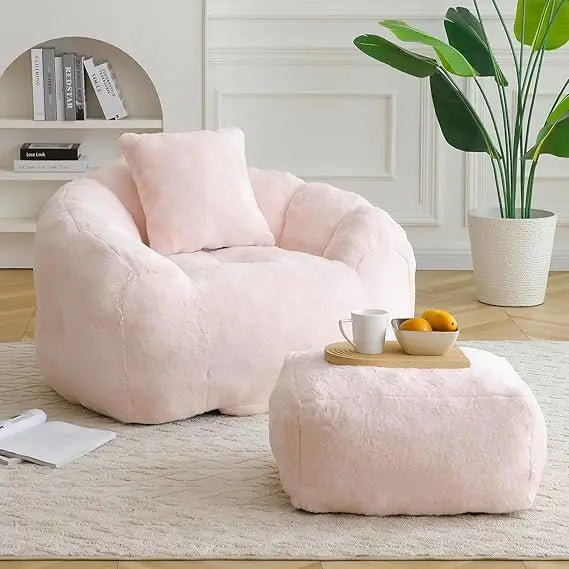 Bean Bag Chair for Adults, Faux Fur Upholstered Beanbag Chair with Shell - Shaped Design, Comfy Bean Bag Sofa with Pillow and Foot - Blu Lotus Boutique