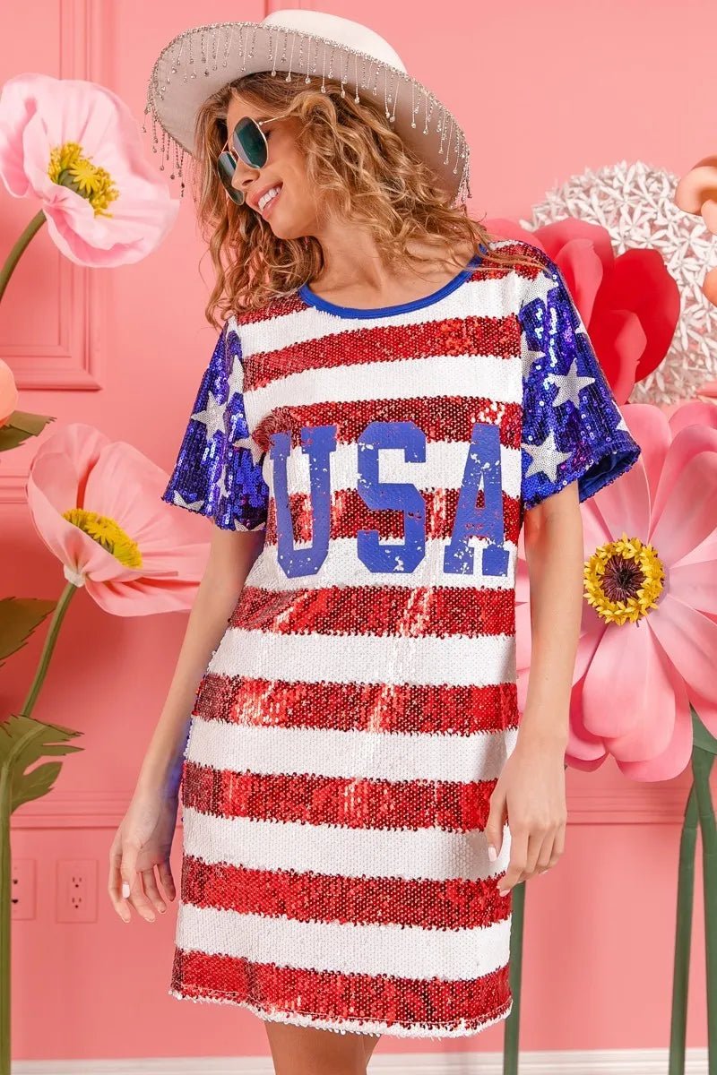 BiBi American Flag Theme Usa Print Sequin Dress - Blu Lotus Boutique