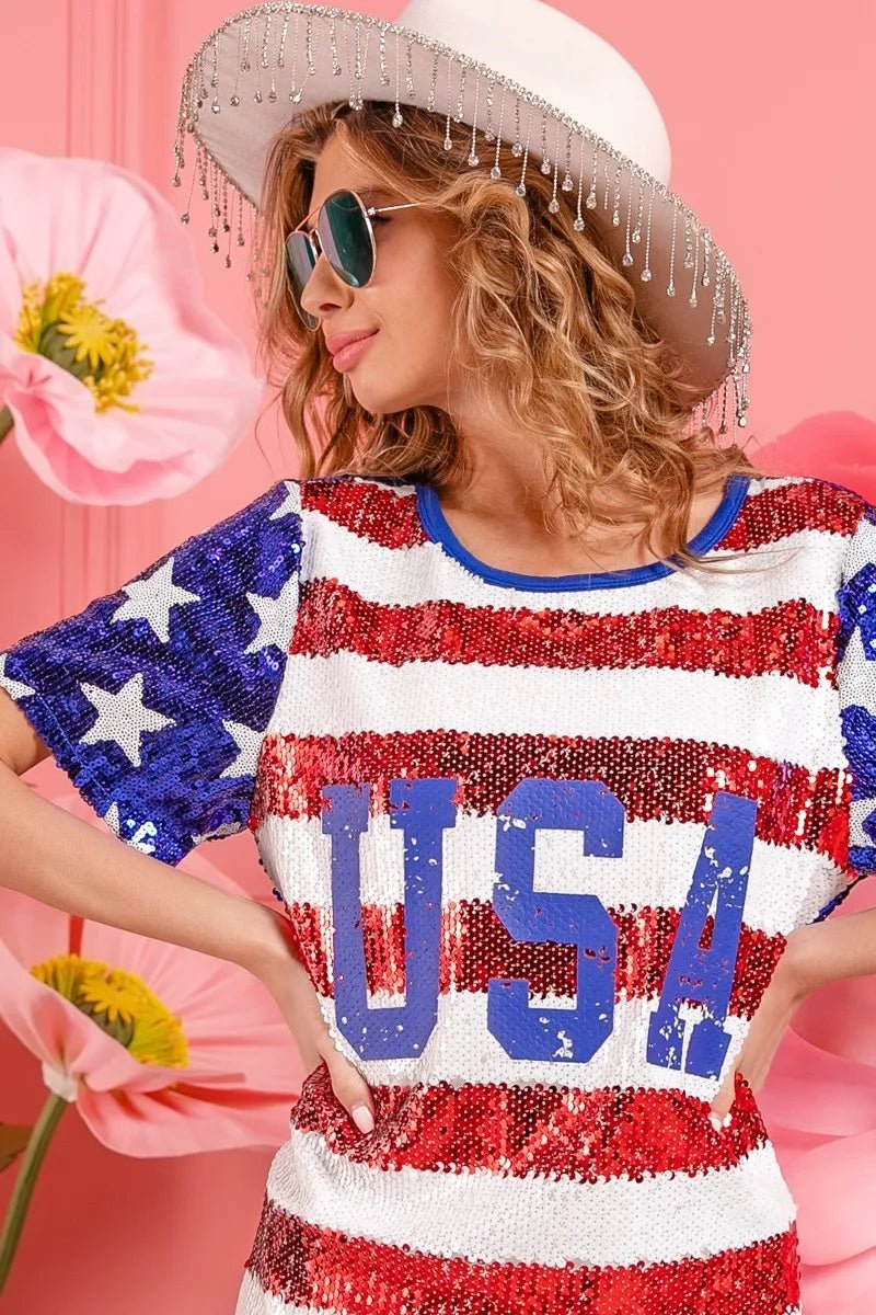 BiBi American Flag Theme Usa Print Sequin Dress - Blu Lotus Boutique