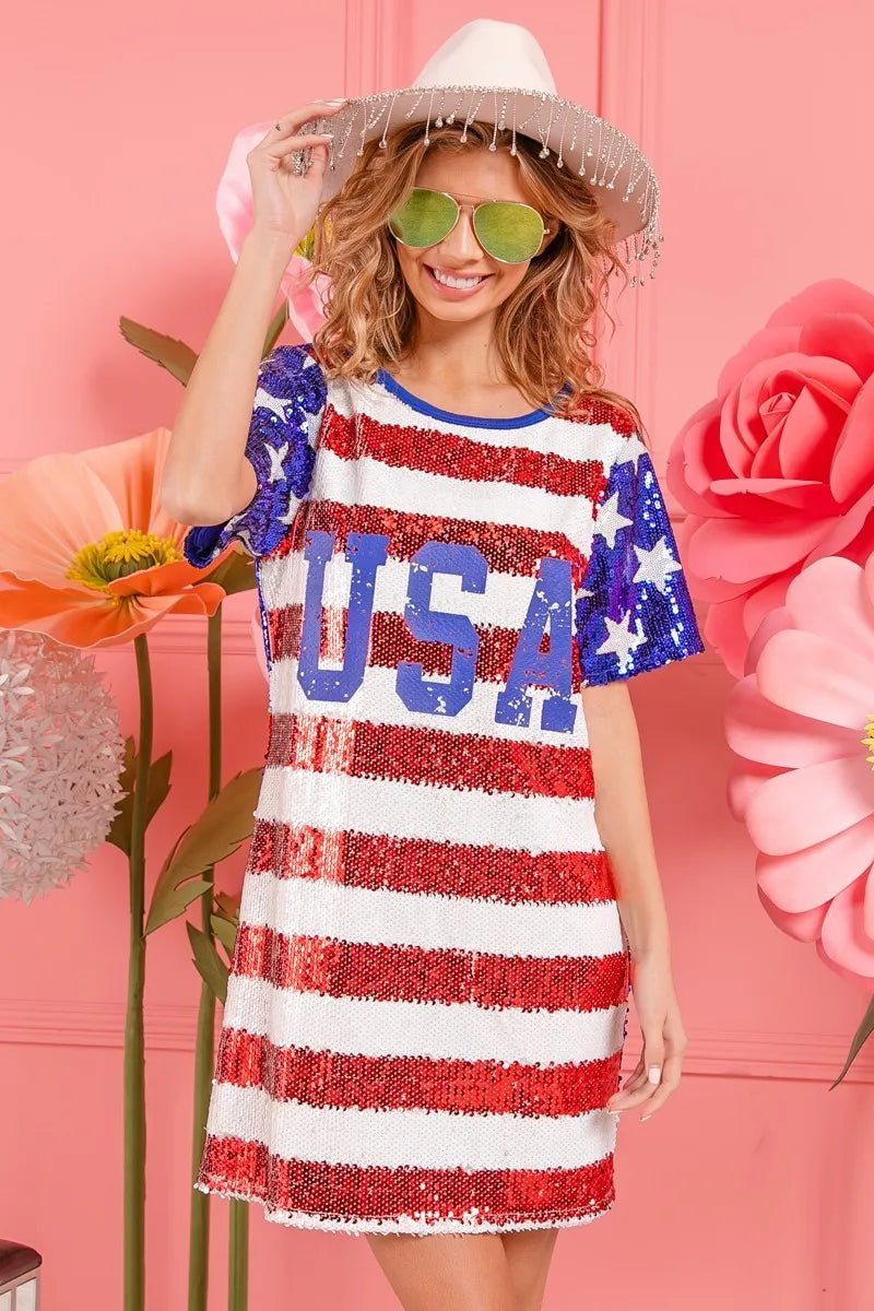 BiBi American Flag Theme Usa Print Sequin Dress - Blu Lotus Boutique