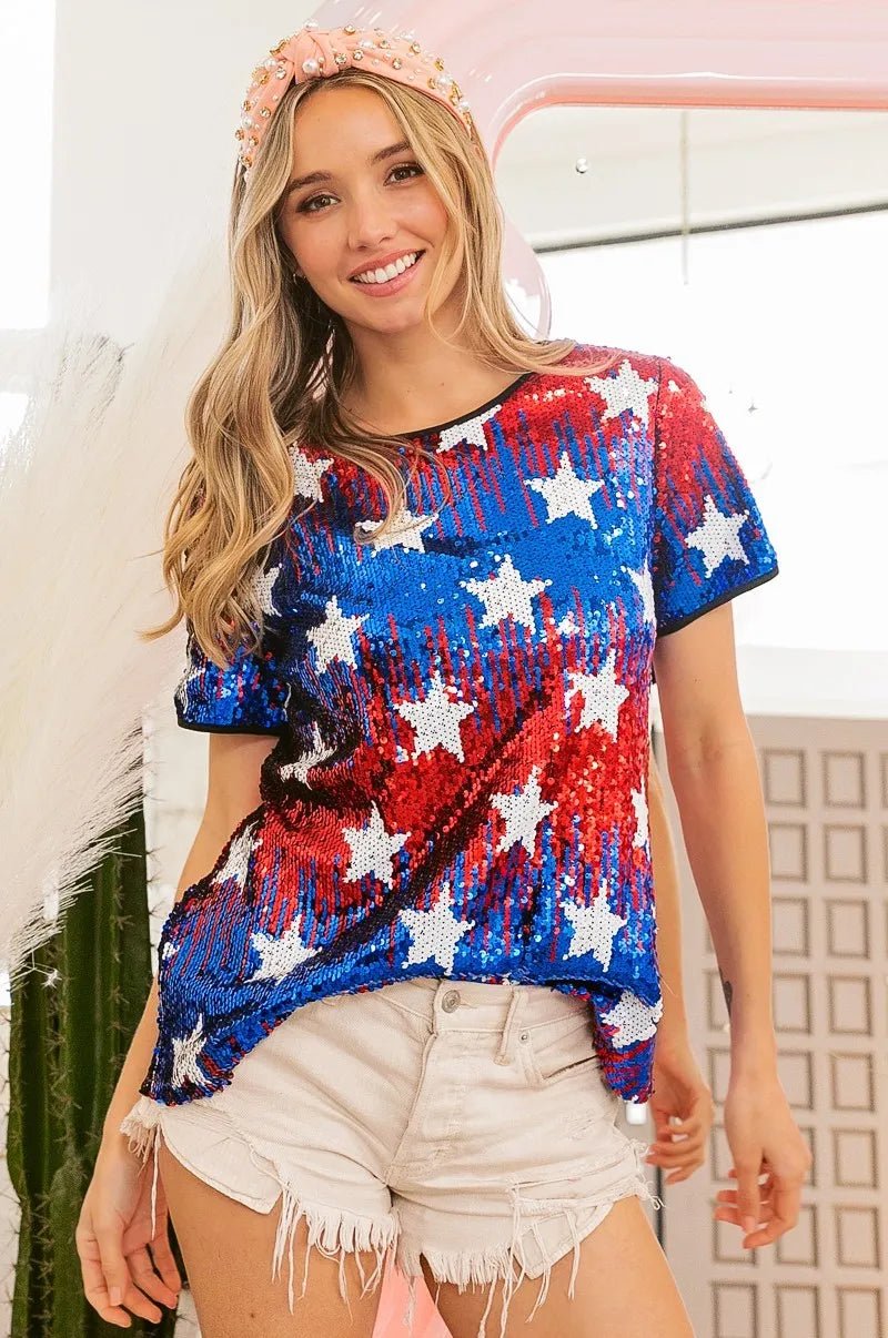 BiBi American Theme Star Pattern Sequin Top - Blu Lotus Boutique