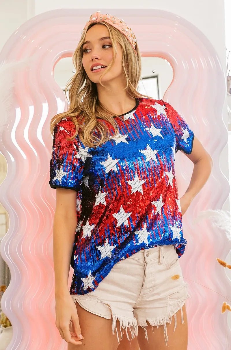 BiBi American Theme Star Pattern Sequin Top - Blu Lotus Boutique
