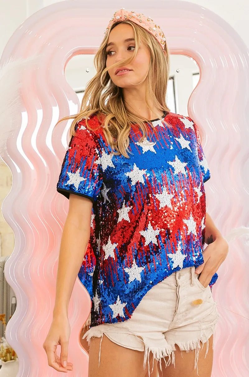 BiBi American Theme Star Pattern Sequin Top - Blu Lotus Boutique