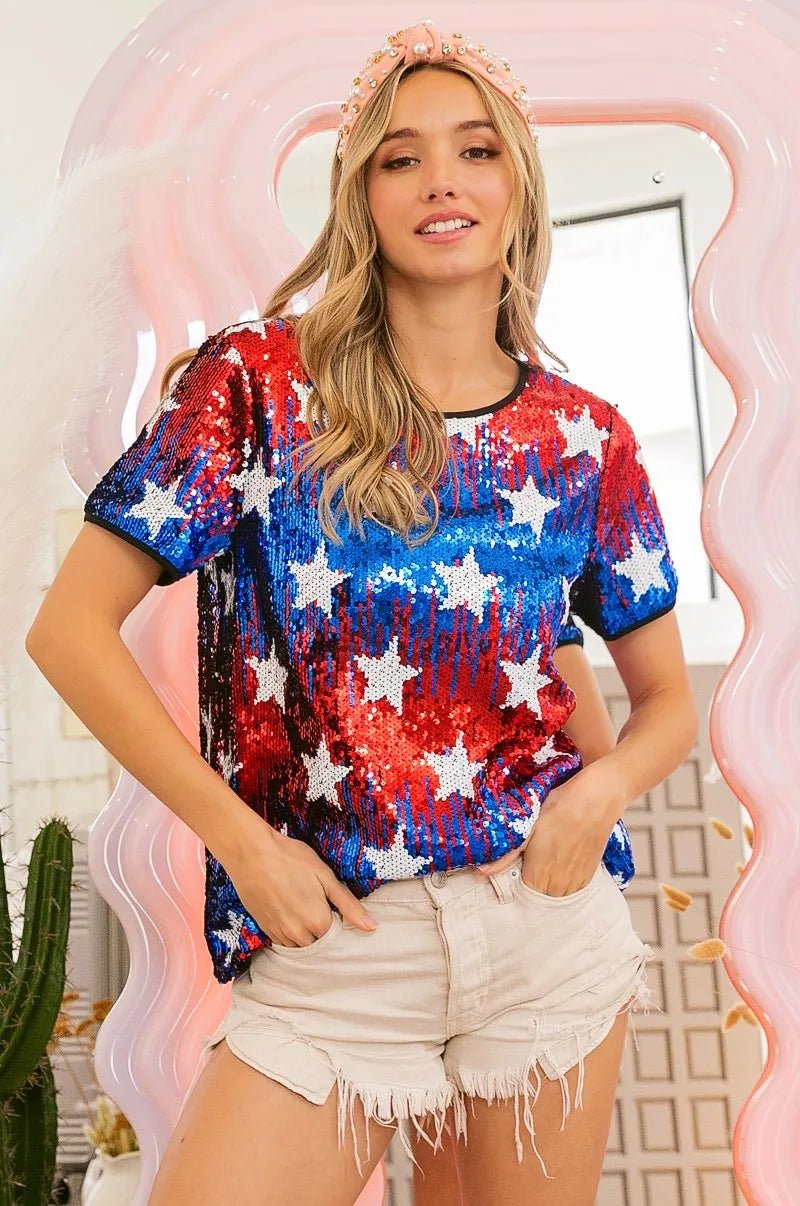 BiBi American Theme Star Pattern Sequin Top - Blu Lotus Boutique
