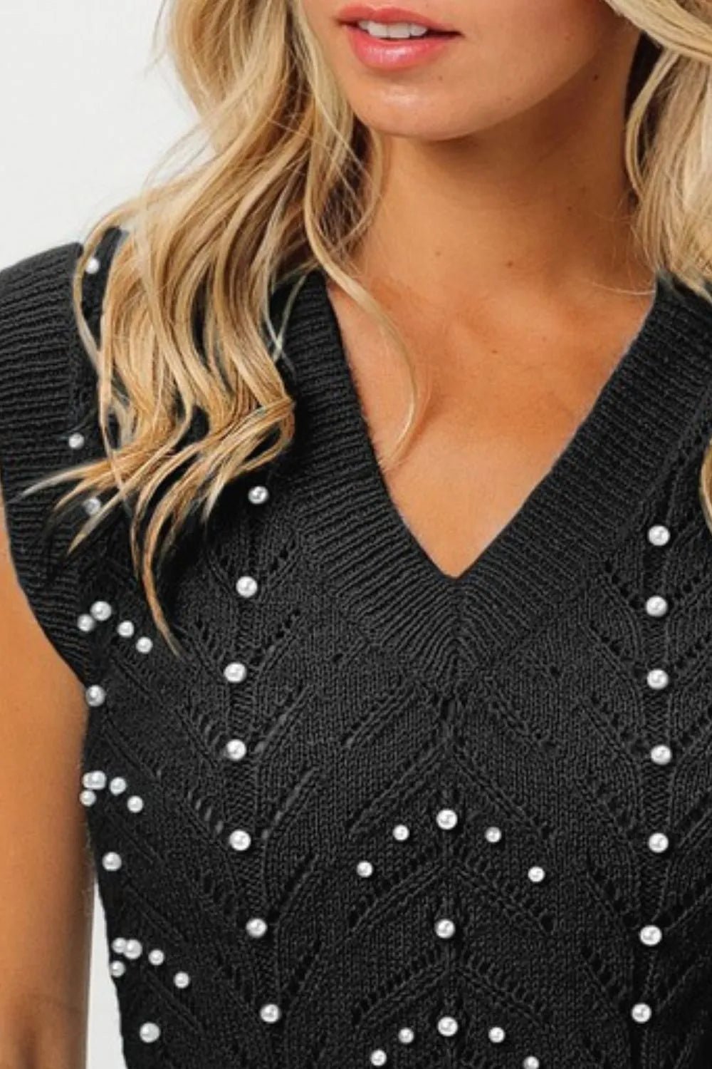 BiBi Chevron Pointelle Pearl Knit Top - Blu Lotus Boutique