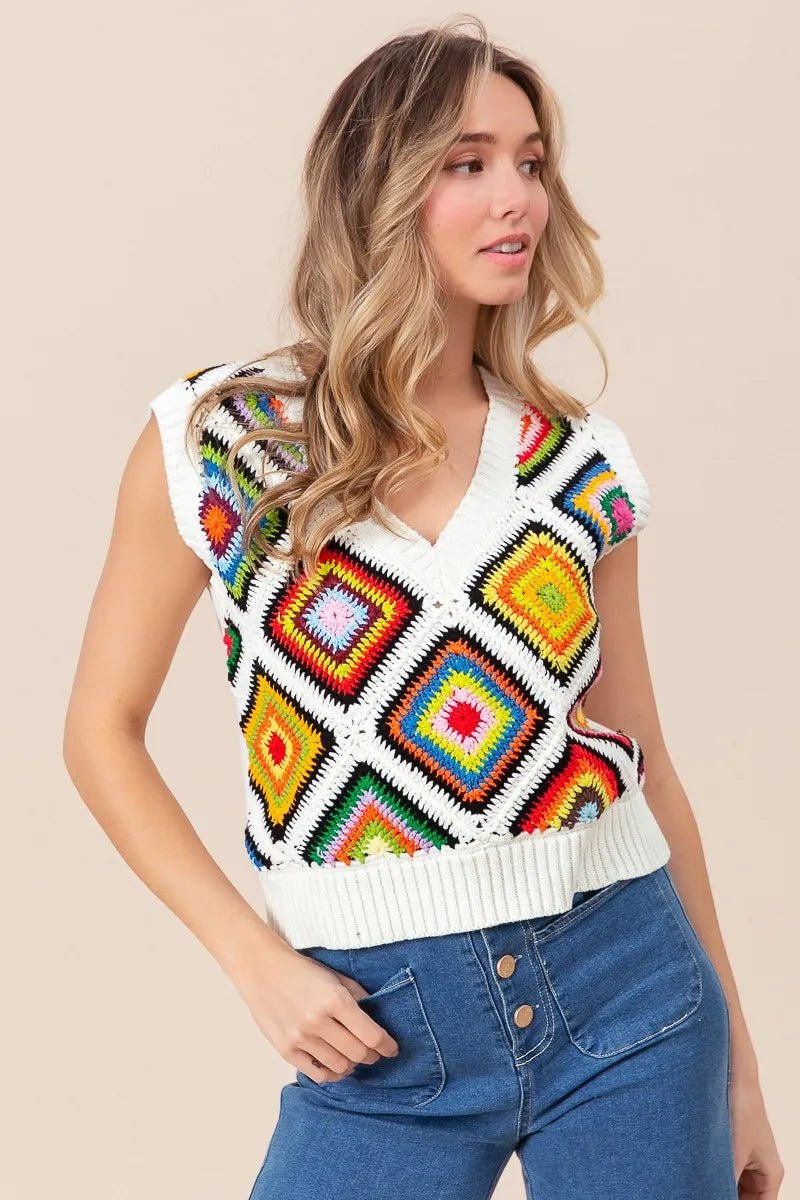 BiBi Diamond Granny Square Sweater Vest - Blu Lotus Boutique