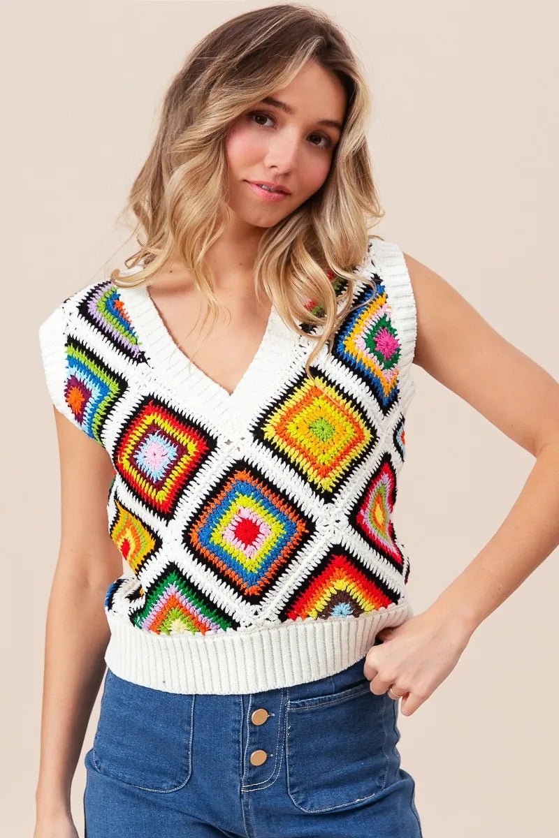 BiBi Diamond Granny Square Sweater Vest - Blu Lotus Boutique