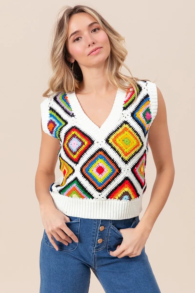 BiBi Diamond Granny Square Sweater Vest - Blu Lotus Boutique