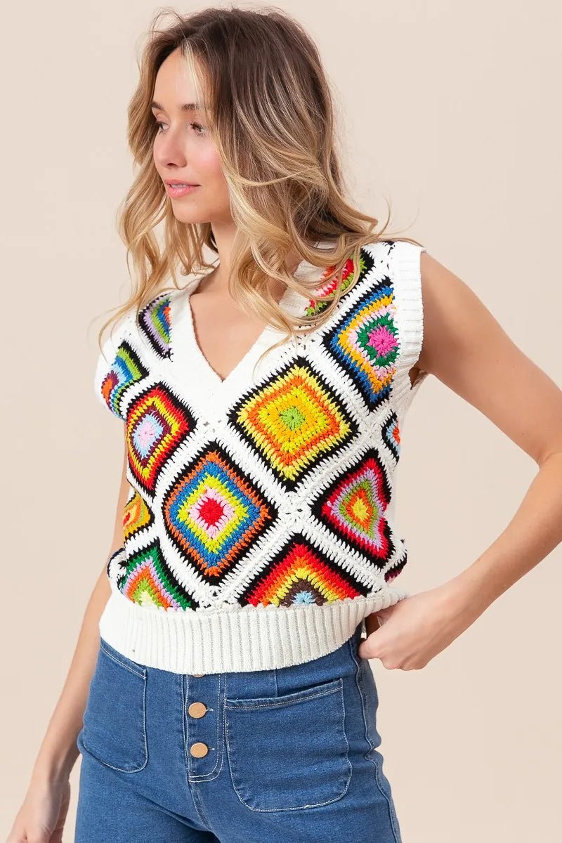 BiBi Diamond Granny Square Sweater Vest - Blu Lotus Boutique