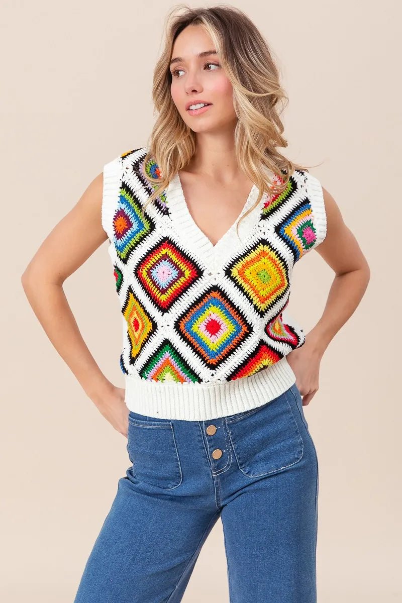 BiBi Diamond Granny Square Sweater Vest - Blu Lotus Boutique