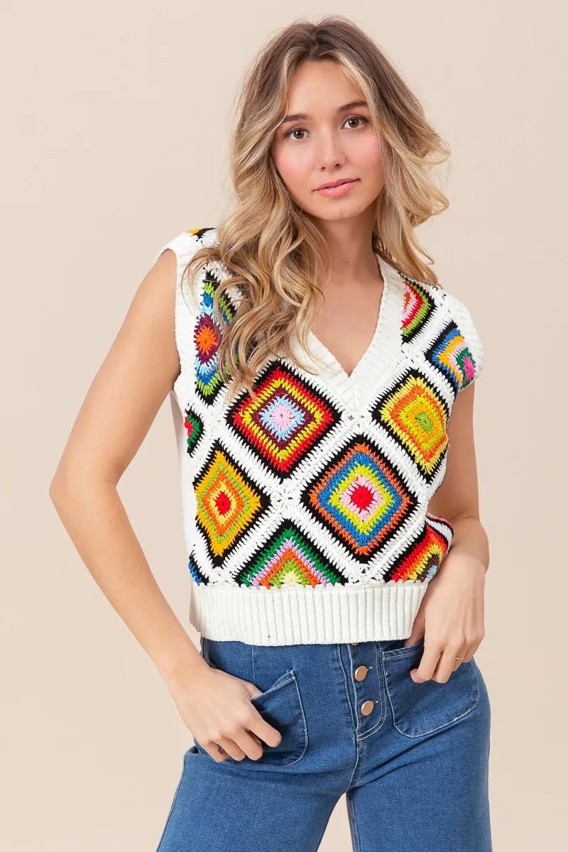 BiBi Diamond Granny Square Sweater Vest - Blu Lotus Boutique