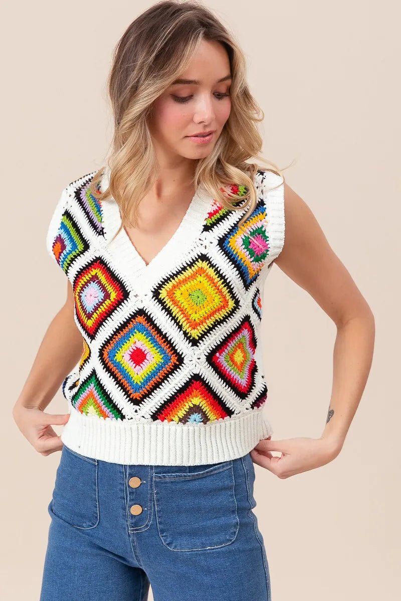 BiBi Diamond Granny Square Sweater Vest - Blu Lotus Boutique