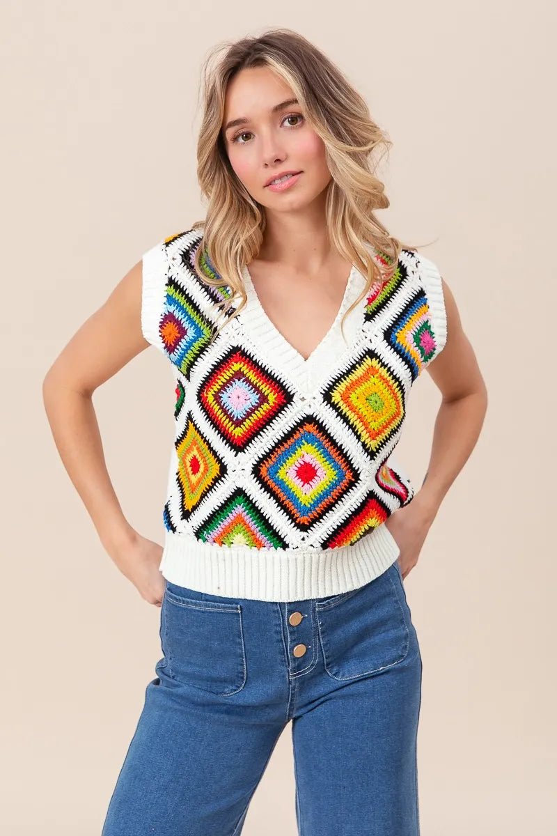 BiBi Diamond Granny Square Sweater Vest - Blu Lotus Boutique