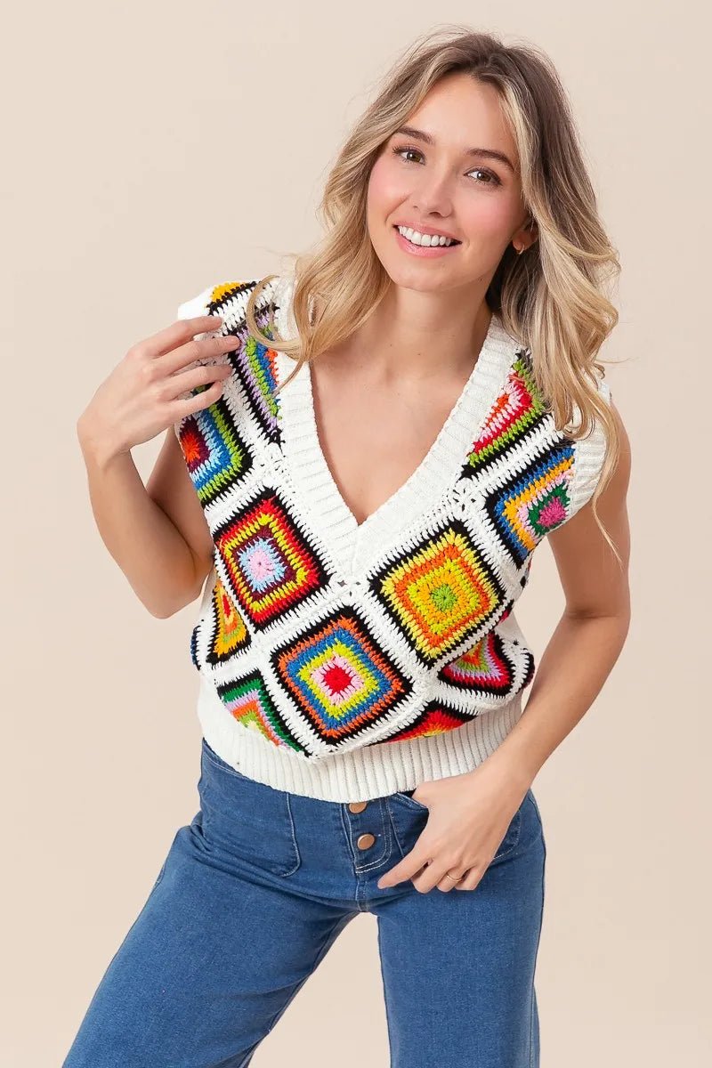 BiBi Diamond Granny Square Sweater Vest - Blu Lotus Boutique
