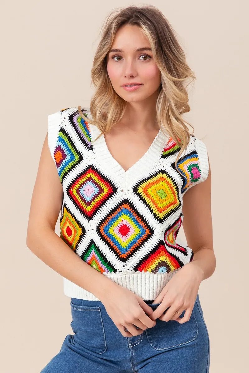 BiBi Diamond Granny Square Sweater Vest - Blu Lotus Boutique