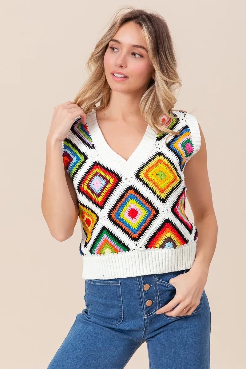 BiBi Diamond Granny Square Sweater Vest - Blu Lotus Boutique
