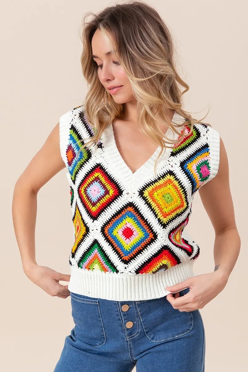 BiBi Diamond Granny Square Sweater Vest - Blu Lotus Boutique