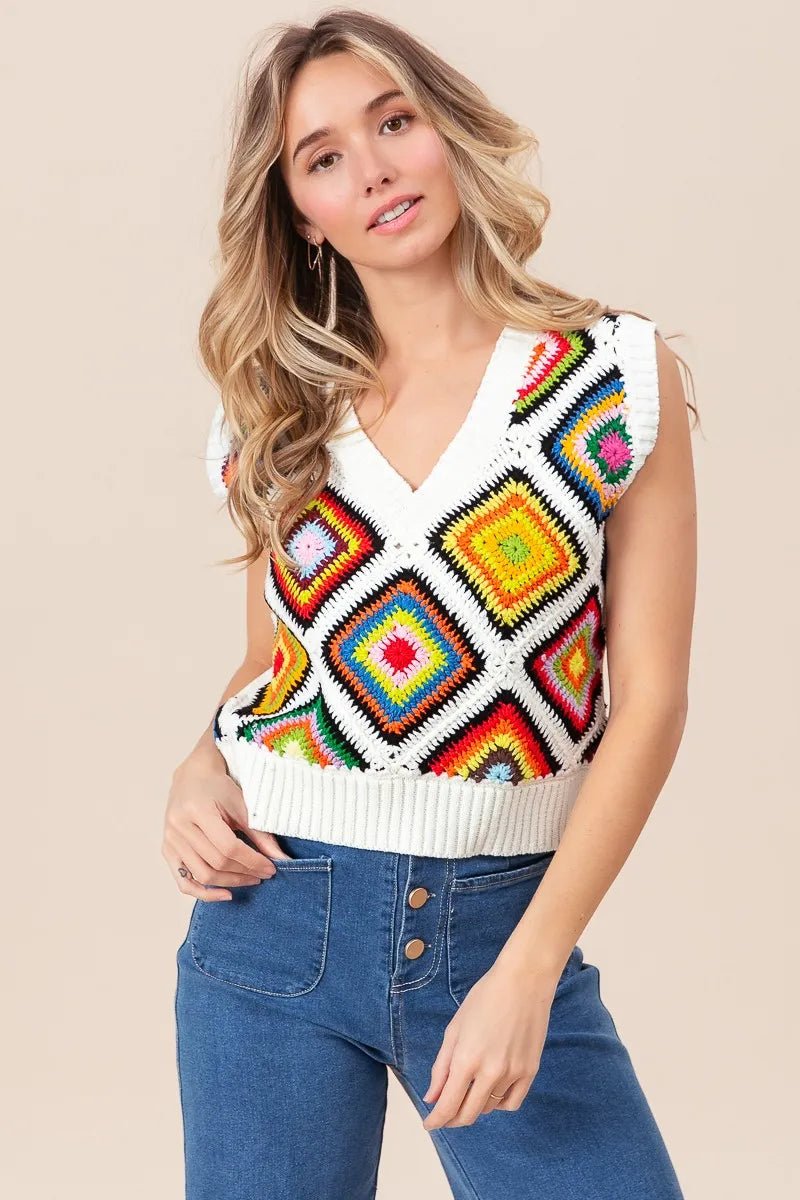 BiBi Diamond Granny Square Sweater Vest - Blu Lotus Boutique