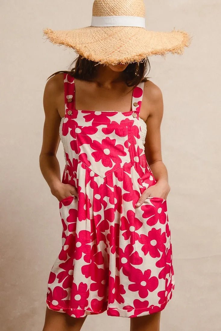 BiBi Floral Prints Tuck Detail Short Overall With Pockets - Blu Lotus Boutique