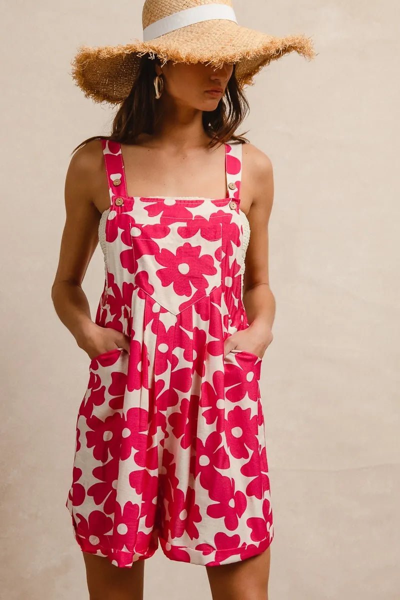 BiBi Floral Prints Tuck Detail Short Overall With Pockets - Blu Lotus Boutique