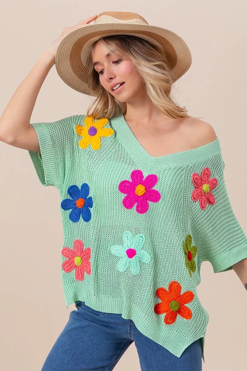 BiBi Flower Patches Dolman Sleeve Lightweight Sweater - Blu Lotus Boutique