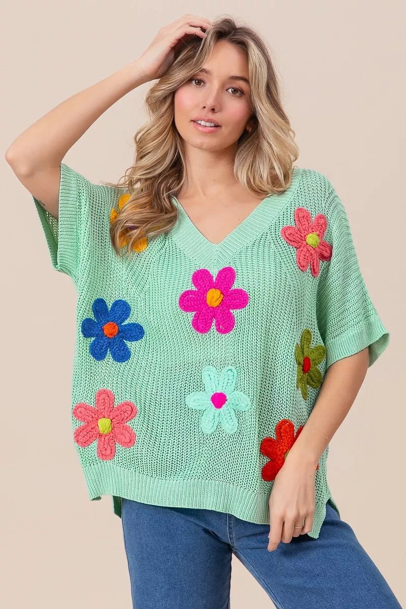 BiBi Flower Patches Dolman Sleeve Lightweight Sweater - Blu Lotus Boutique