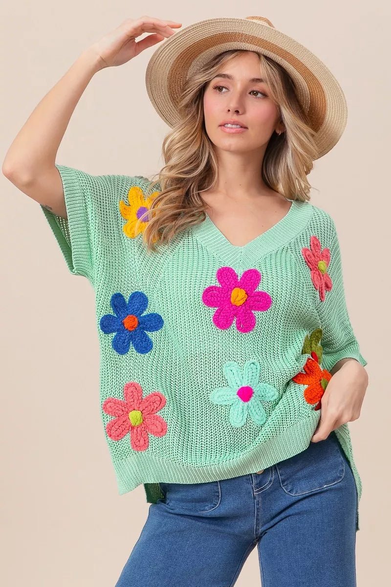 BiBi Flower Patches Dolman Sleeve Lightweight Sweater - Blu Lotus Boutique