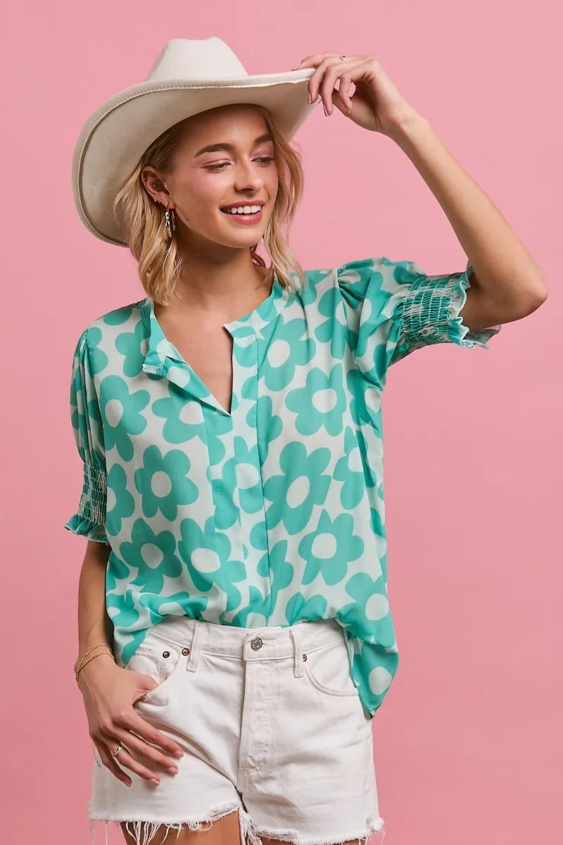 BiBi Flower Printed Woven Smocking Sleeves V Neck Top - Blu Lotus Boutique