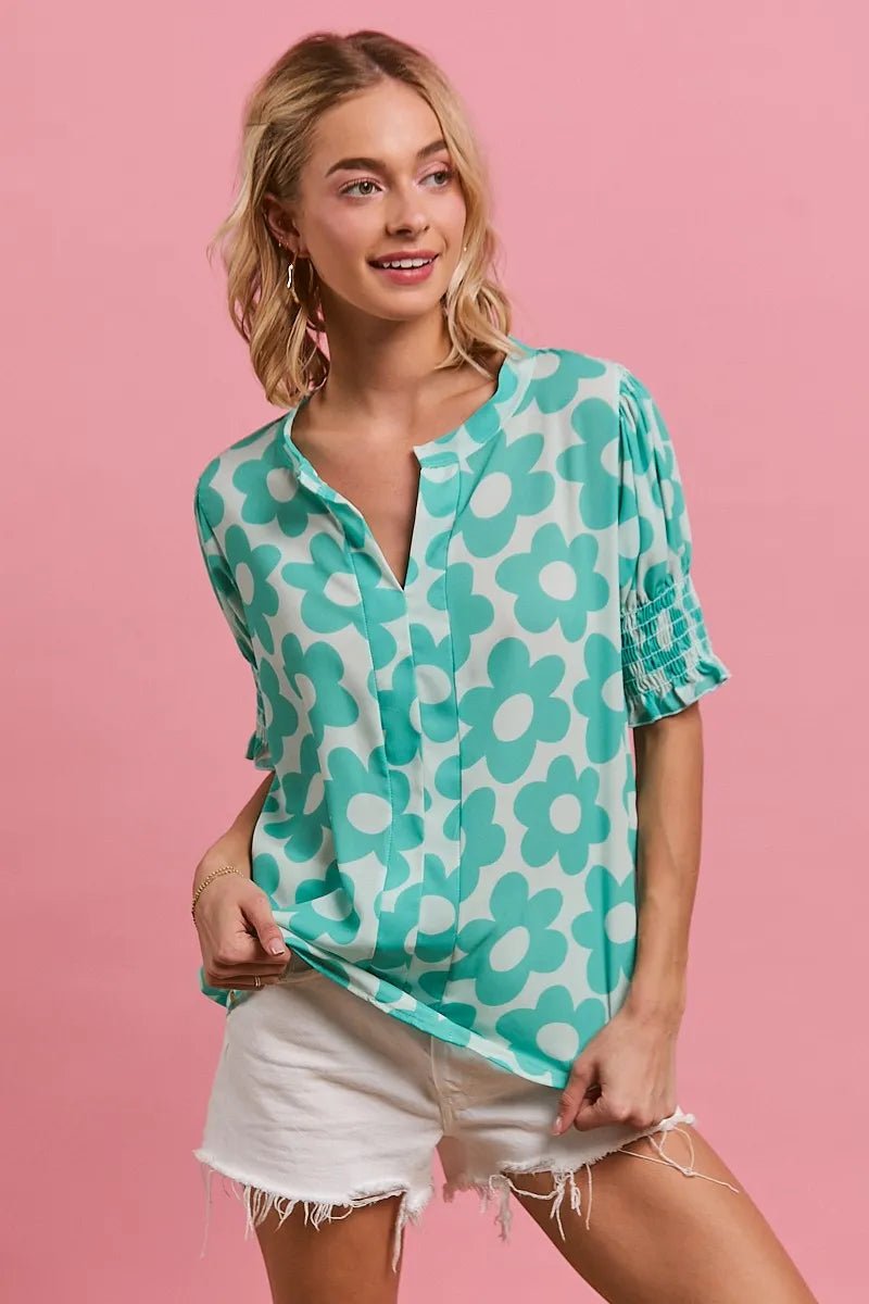 BiBi Flower Printed Woven Smocking Sleeves V Neck Top - Blu Lotus Boutique