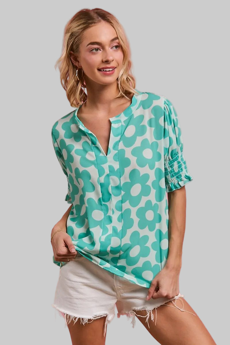 BiBi Flower Printed Woven Smocking Sleeves V Neck Top - Blu Lotus Boutique