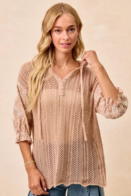 BiBi Jacquard Flower Puff Sleeve Hooded Knit Top - Blu Lotus Boutique