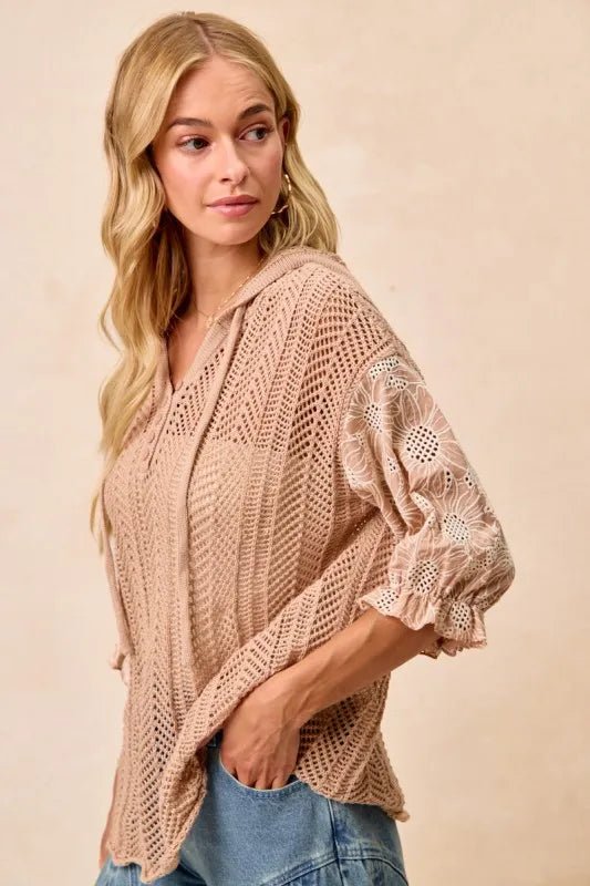 BiBi Jacquard Flower Puff Sleeve Hooded Knit Top - Blu Lotus Boutique