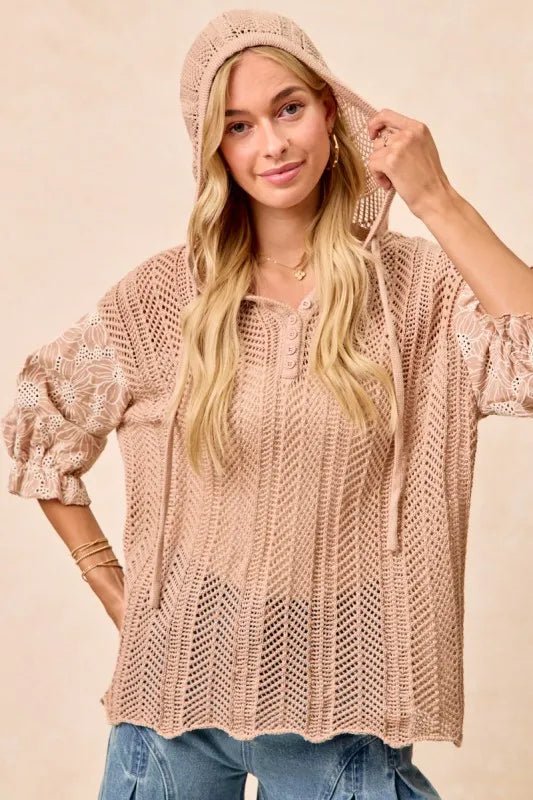 BiBi Jacquard Flower Puff Sleeve Hooded Knit Top - Blu Lotus Boutique