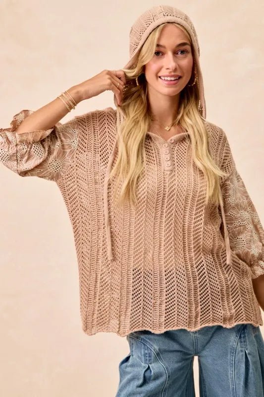BiBi Jacquard Flower Puff Sleeve Hooded Knit Top - Blu Lotus Boutique