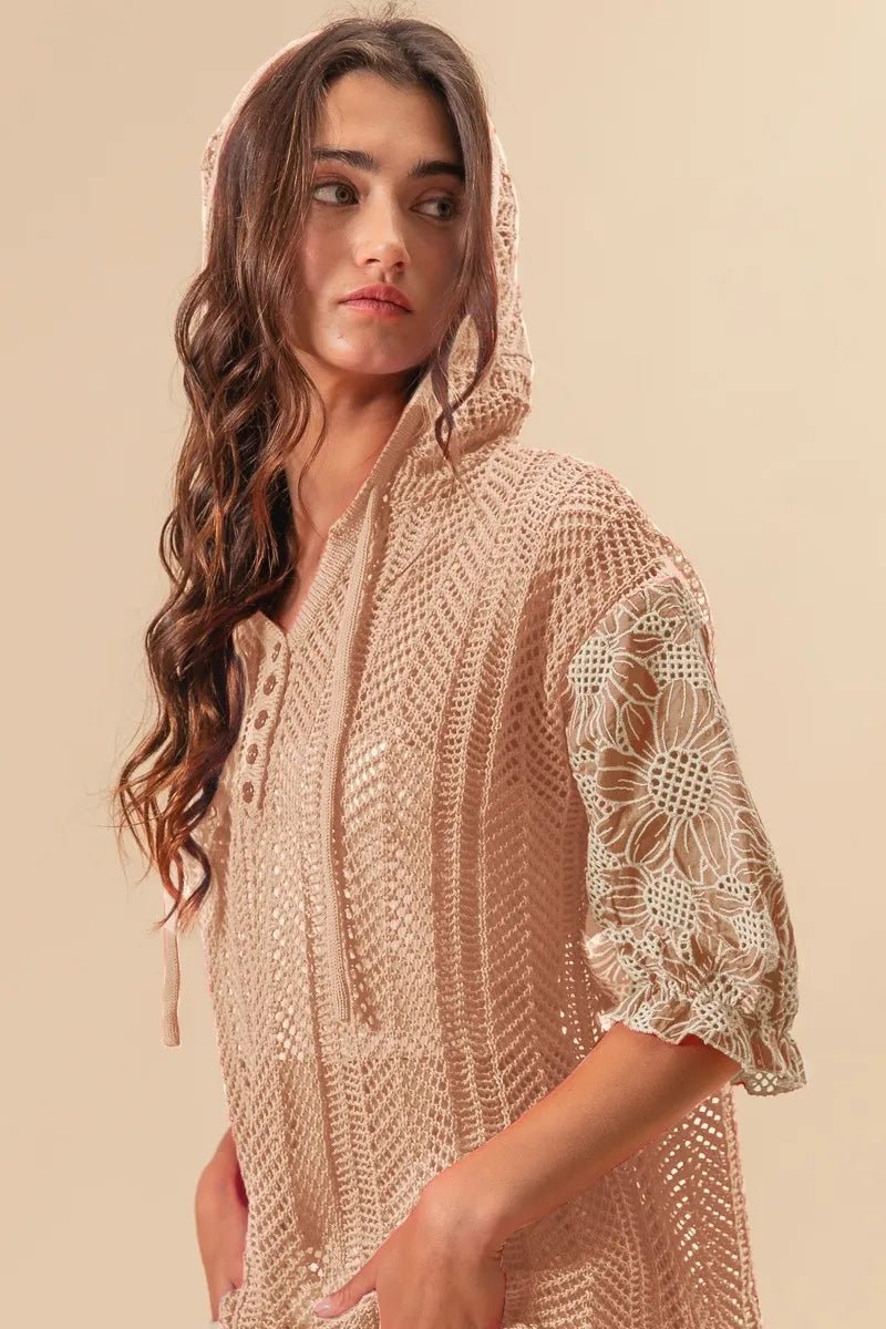 BiBi Jacquard Flower Puff Sleeve Hooded Knit Top - Blu Lotus Boutique