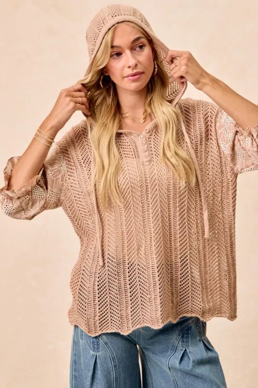 BiBi Jacquard Flower Puff Sleeve Hooded Knit Top - Blu Lotus Boutique