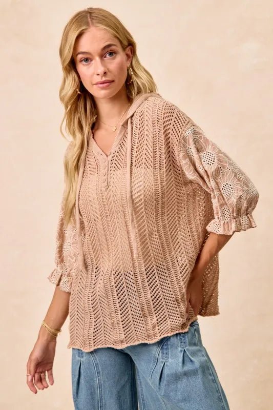 BiBi Jacquard Flower Puff Sleeve Hooded Knit Top - Blu Lotus Boutique