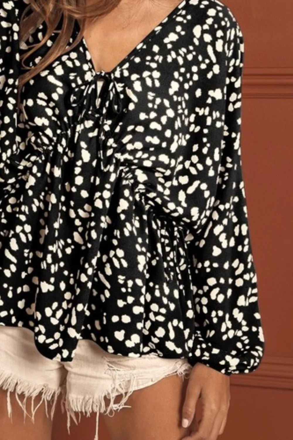 BiBi Leopard Woven Tied Spaghetti V Neck Lslv Top - Blu Lotus Boutique