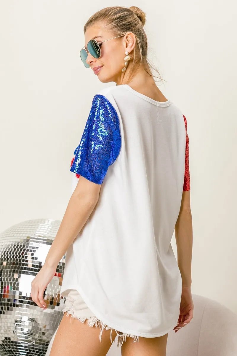 BiBi Metallic Letter V - neck Sequin Sleeves Top - Blu Lotus Boutique