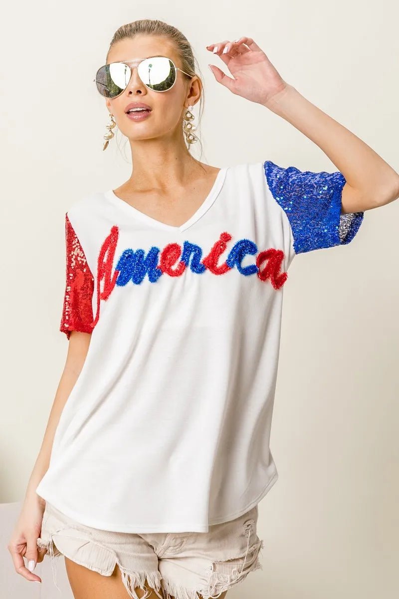 BiBi Metallic Letter V - neck Sequin Sleeves Top - Blu Lotus Boutique