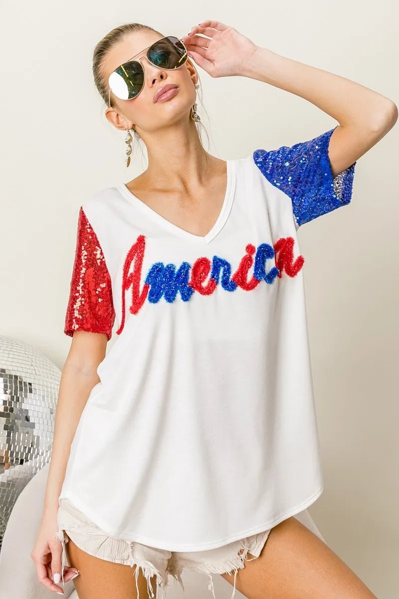 BiBi Metallic Letter V - neck Sequin Sleeves Top - Blu Lotus Boutique